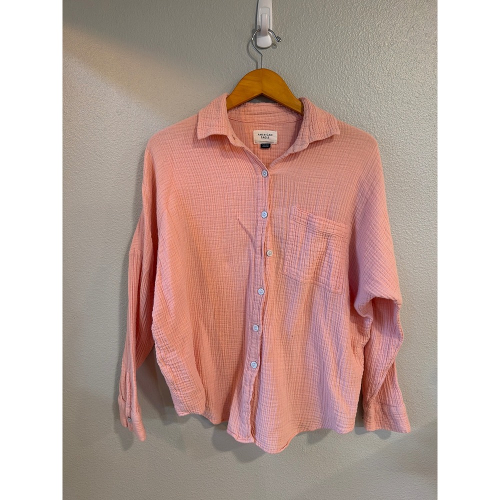 American‎ Eagle Button Down Shirt Women XS Pink Gauze Relaxed Oversized Beach